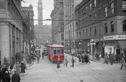Alternative view of Bay Street Toronto with Red Street Car